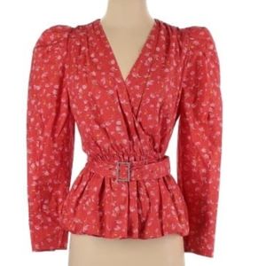 Zara floral puff sleeve, belted, wrap blouse